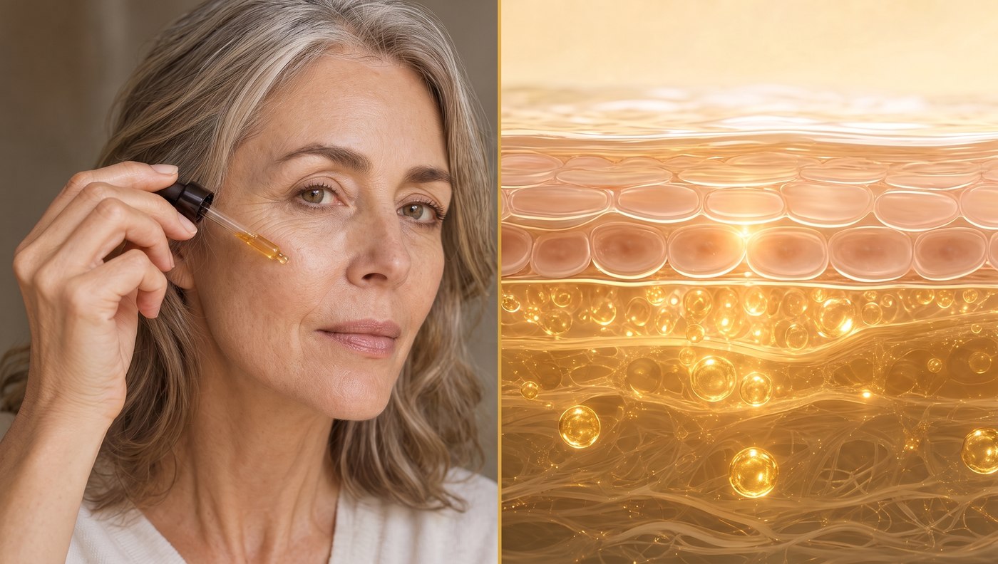 A woman in her fifties applying a Vitamin C serum from a dropper