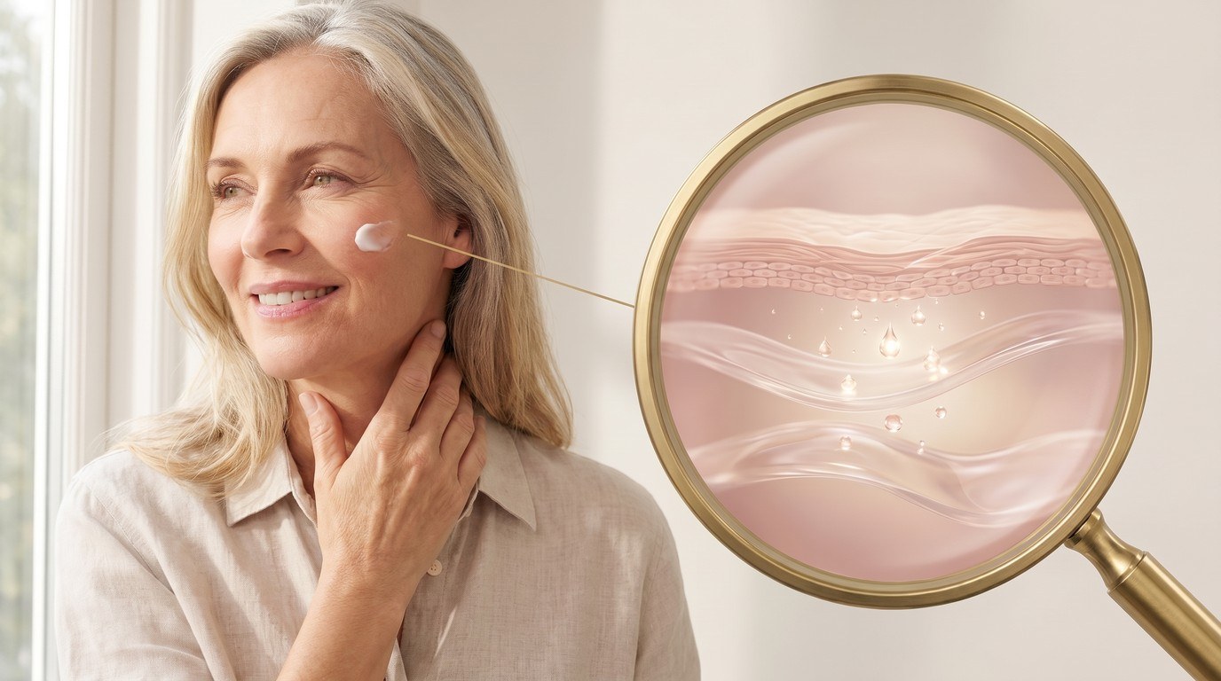A woman in her fifties smoothing face cream onto her cheek