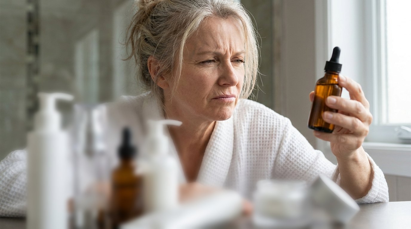 A woman in her late fifties holding up an unlabeled serum bottle, deciding whether it ever worked